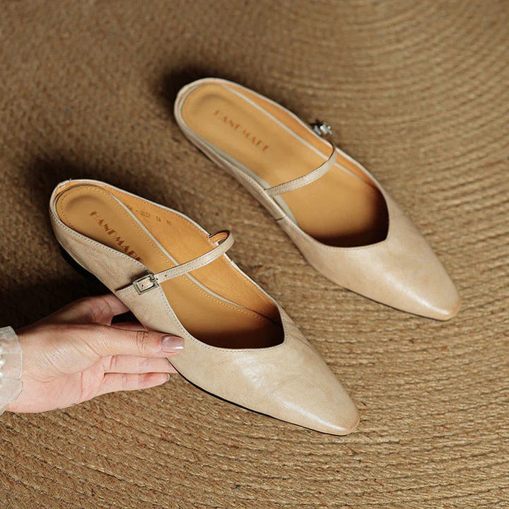 Women's Leather Mary Jane Flats with Pointed Toe - Vintage Charm