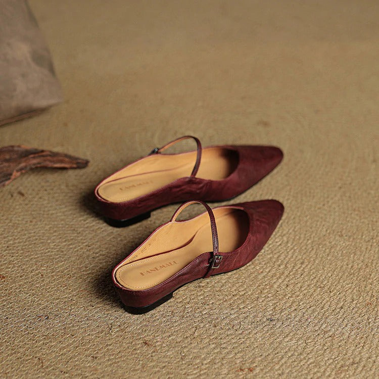 Women's Leather Mary Jane Flats with Pointed Toe - Vintage Charm