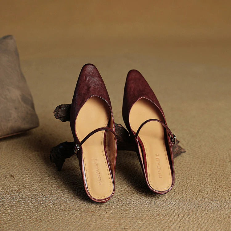Women's Leather Mary Jane Flats with Pointed Toe - Vintage Charm