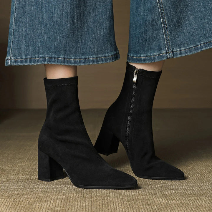 Women's Celinne Paris Genuine Suede Boots - Pointed Toe & Block Heel