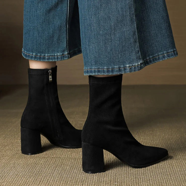 Women's Celinne Paris Genuine Suede Boots - Pointed Toe & Block Heel
