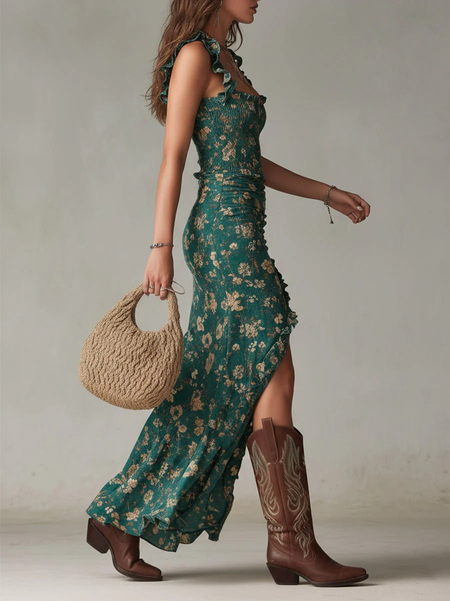 Women's Floral Ruched Maxi Dress - Effortless Bohemian Style