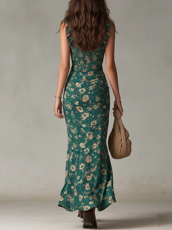 Women's Bohemian Floral Ruched Maxi Dress with Side Slit