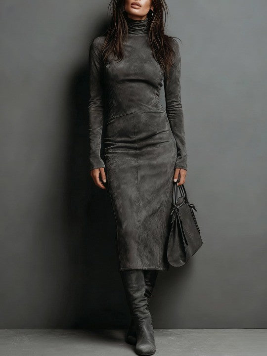 Women's Long Sleeve Suede Midi Dress - Effortless Elegance