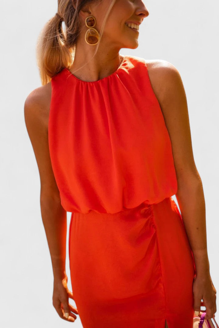 Women's High Neck Midi Dress - Effortless Summer Elegance