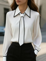 Women's Cotton-Blend Tie Blouse – Contrast Piping Workwear