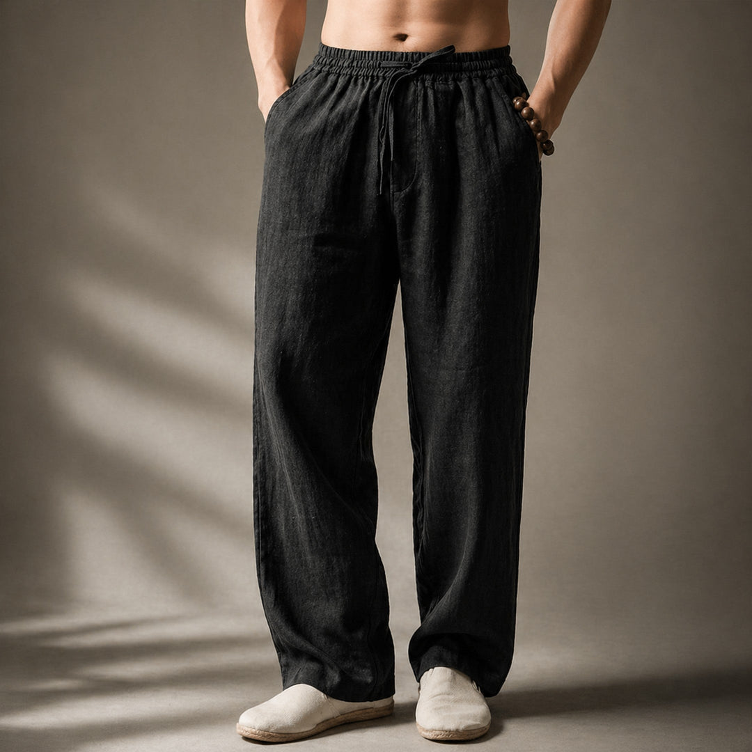 Men's Linen Straight-Leg Trousers – Breathable Summer – Black