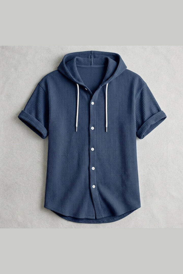 Men's Cotton Waffle Hooded Shirt – Relaxed Long-Sleeve Overshirt
