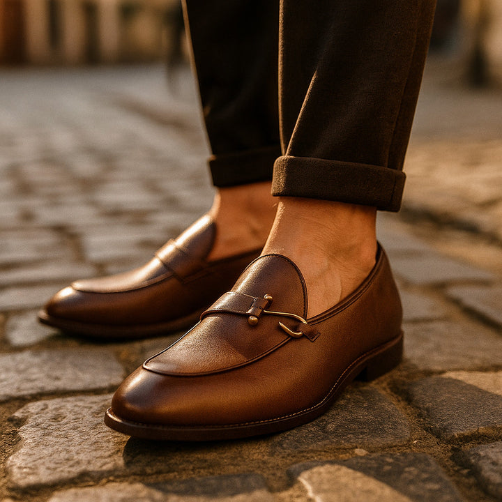Men's Grain Leather Buckle Loafers – Smart Slip-On Monk Shoes
