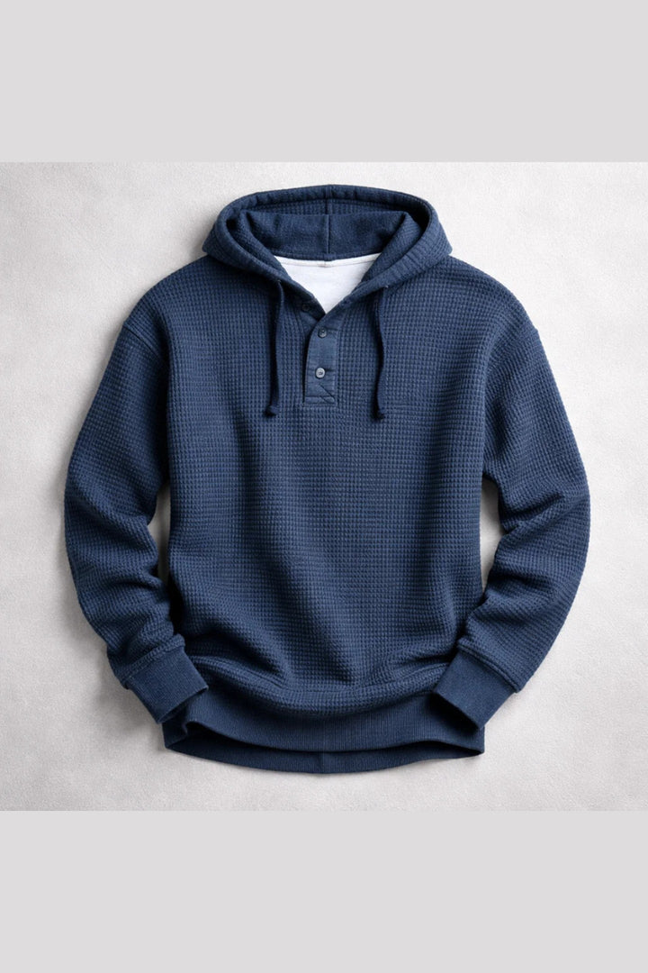 Men's Waffle-Knit Henley Hoodie – Textured Cotton Hooded Top