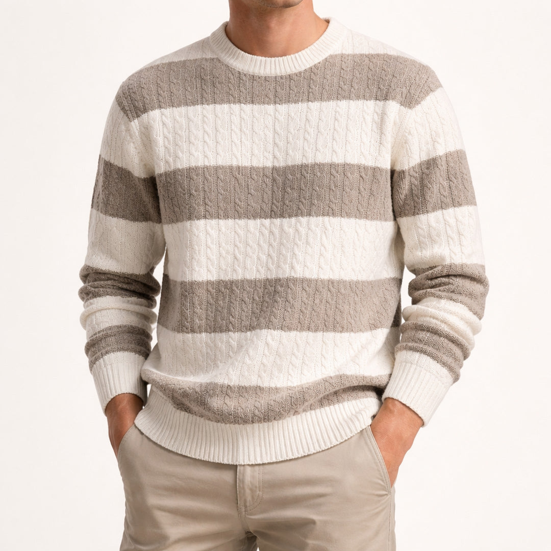 Men's Cable-Knit Striped Jumper – Crew Neck Everyday Layer