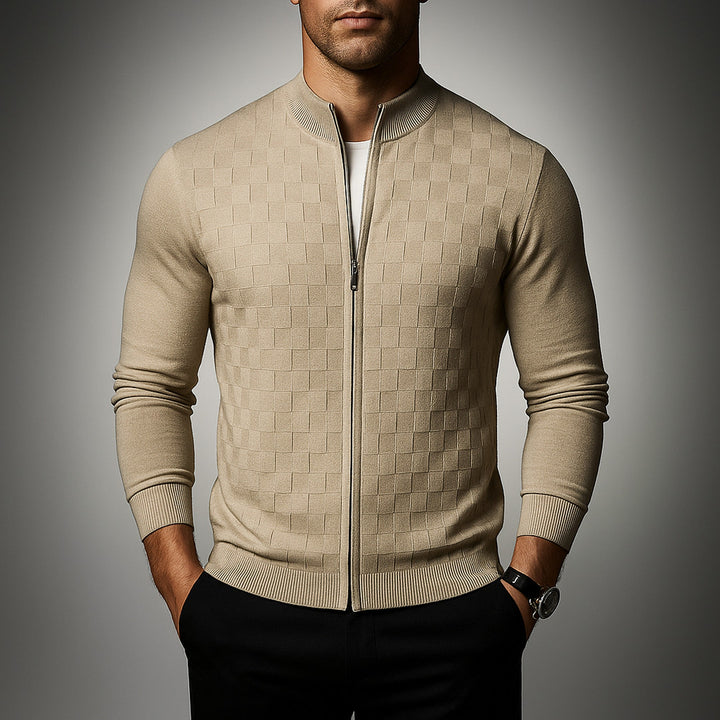Men's Basketweave Zip Cardigan – Stand-Collar Knit Jacket
