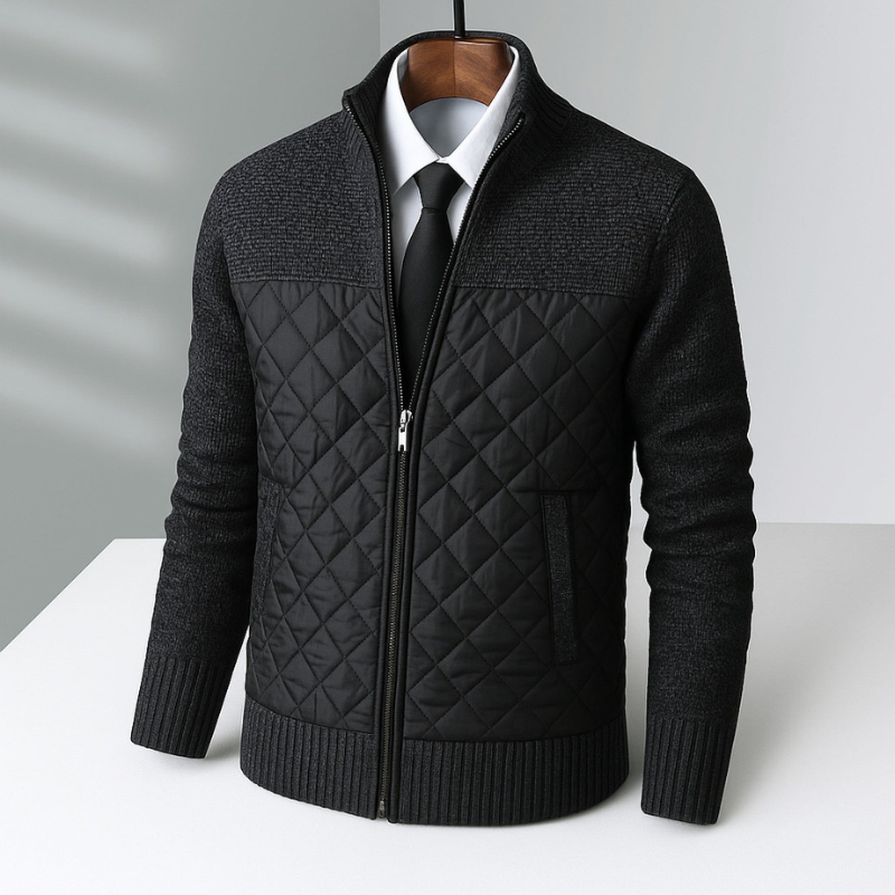Men's Quilted Hybrid Jacket – Knit-Sleeve Funnel-Neck Layer