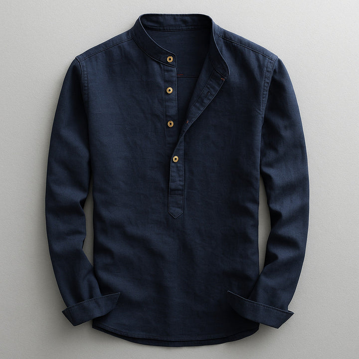 Men's Linen Blend Henley Shirt – Mandarin Collar Summer Top