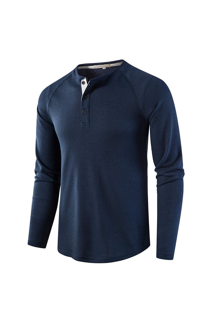 Men's Waffle Knit Henley Top – Breathable Button Placket Shirt