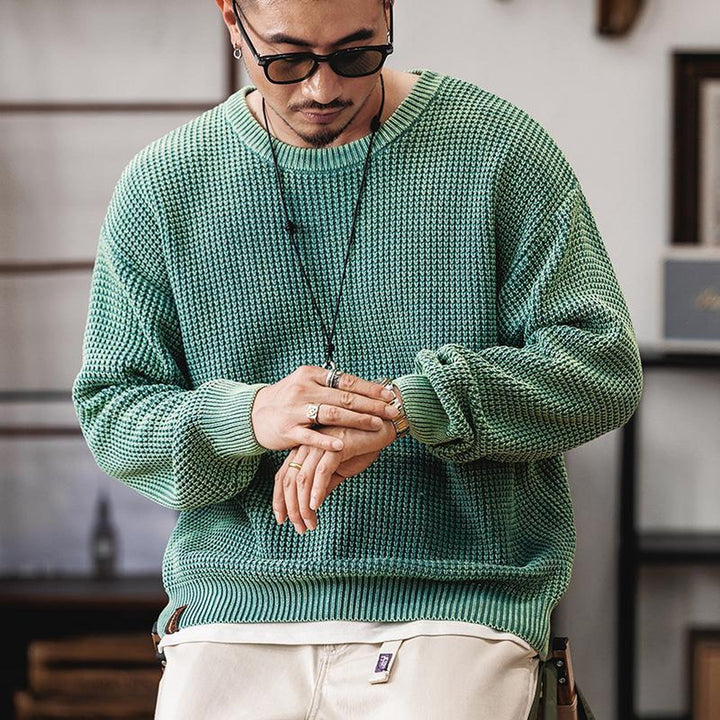 Men's Waffle Knit Jumper – Textured Grid Crew Neck Layer