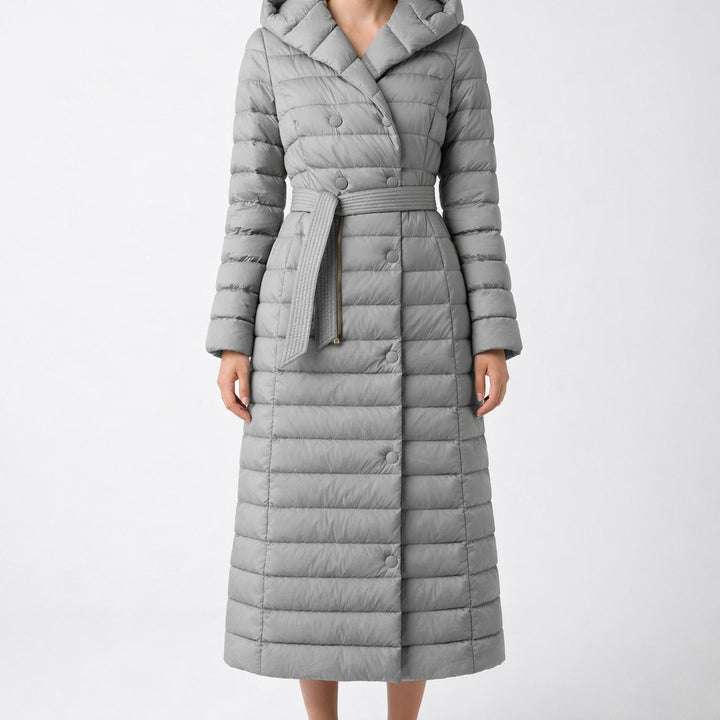 Women's Down Quilted Trench Coat – Belted Mid-Calf Warmth
