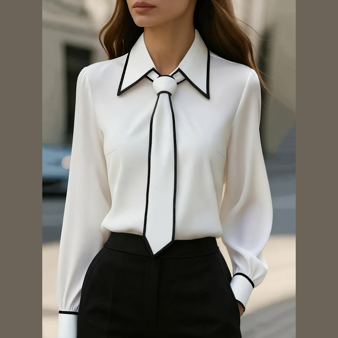 Women's Cotton-Blend Tie Blouse – Contrast Piping Workwear