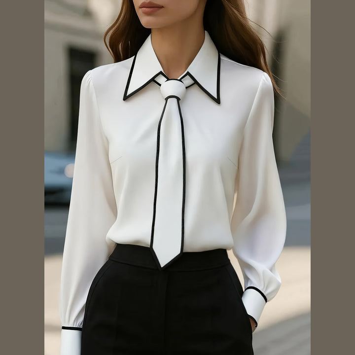 Women's Cotton-Blend Tie Blouse – Contrast Piping Workwear