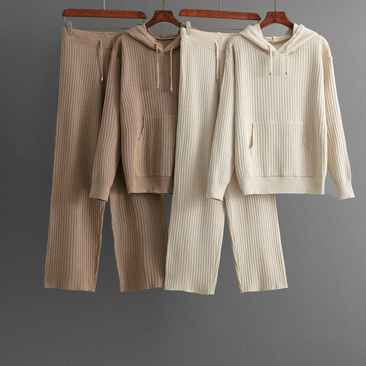 Women's Ribbed Knit Lounge Set – Hoodie & Wide-Leg Trousers