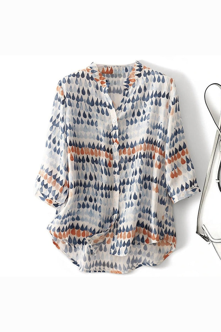 Women's Printed Linen Blouse – Relaxed Raindrop-Print Top