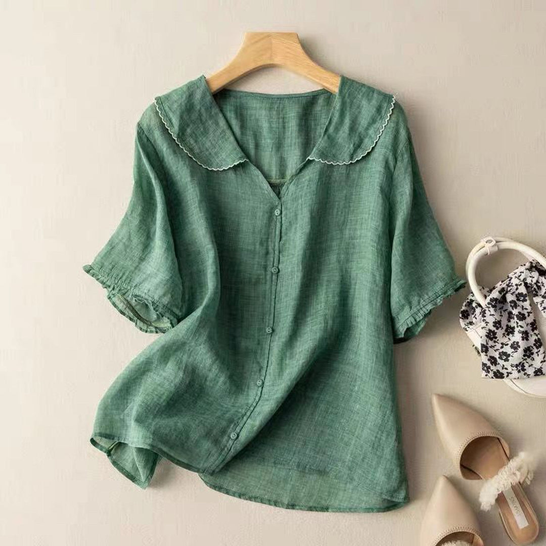 Women's Linen Blouse – Scalloped Collar & Ruffle Sleeves