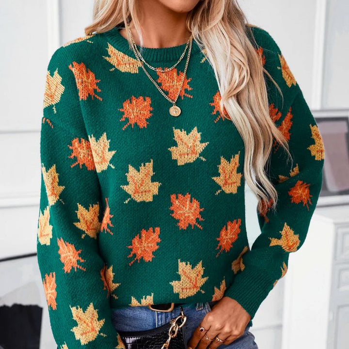 Women's Knitted Autumn Jumper – Maple Leaf Crew Neck Sweater