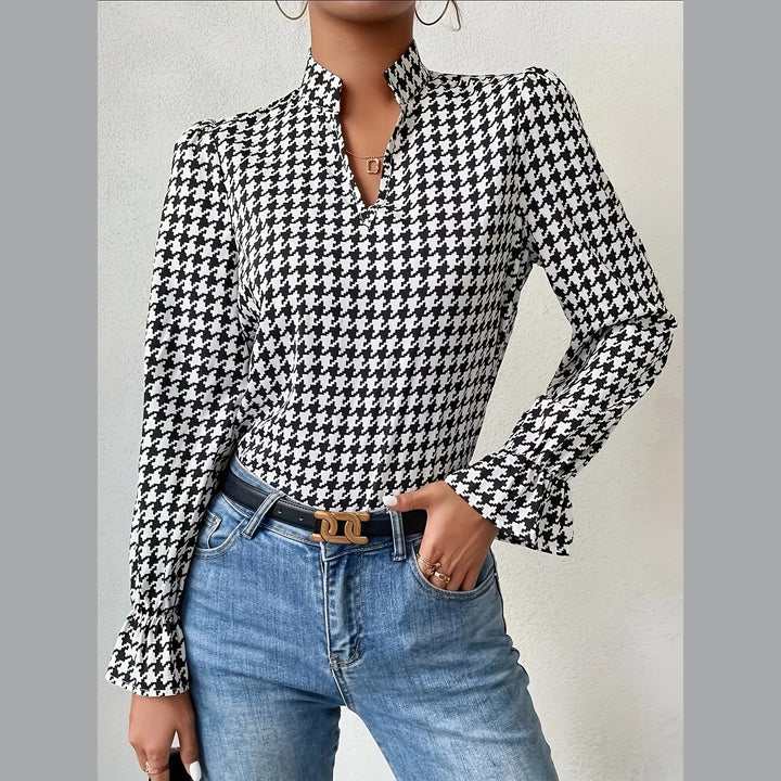 Women's Houndstooth Blouse – Notch Neck Ruffle Lantern Sleeves