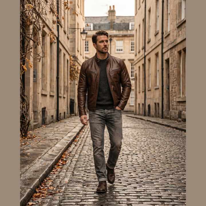 Man wearing the California jacket walking a city street