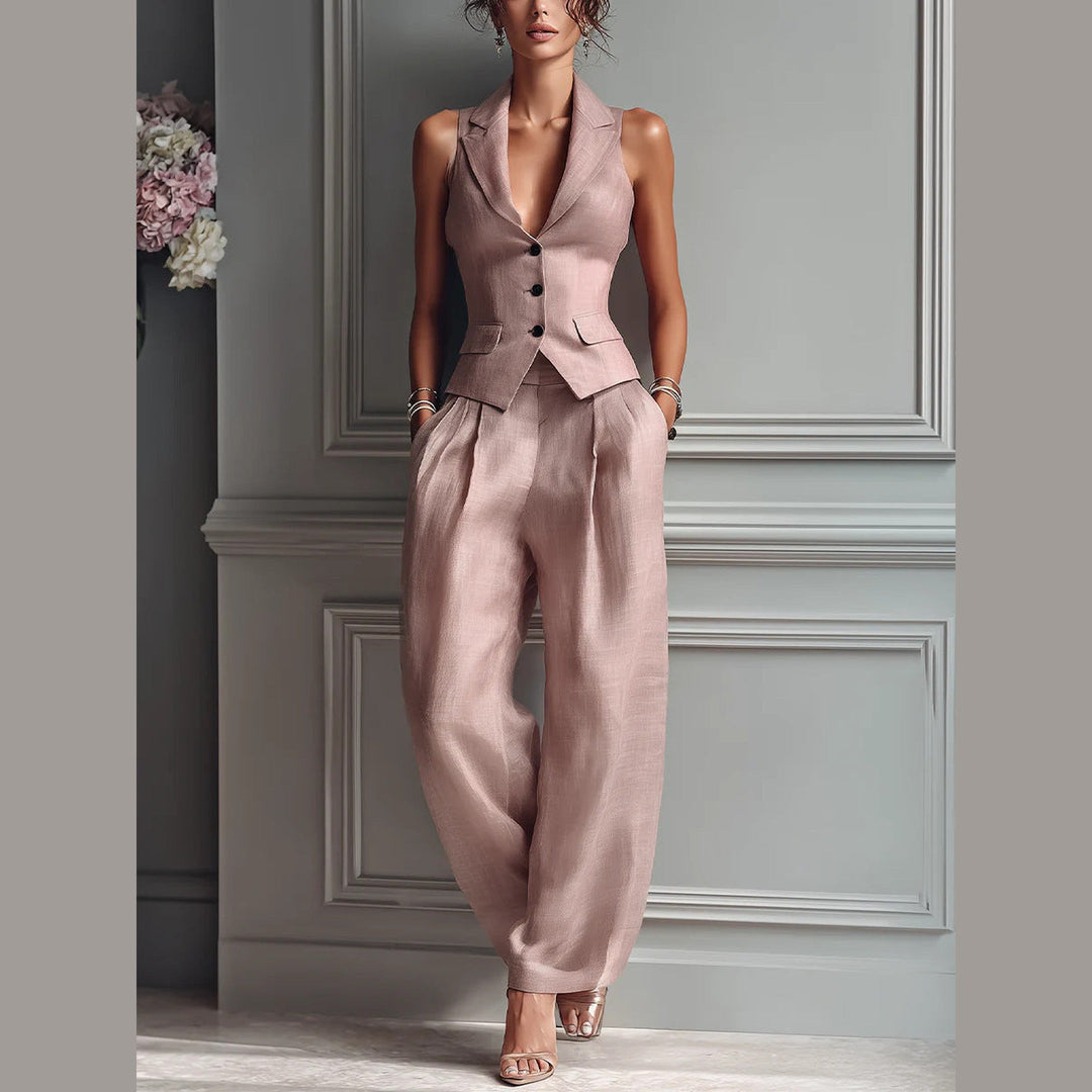 Women's Soft Tailored Two-Piece Trouser Set – V-Neck Co-ord