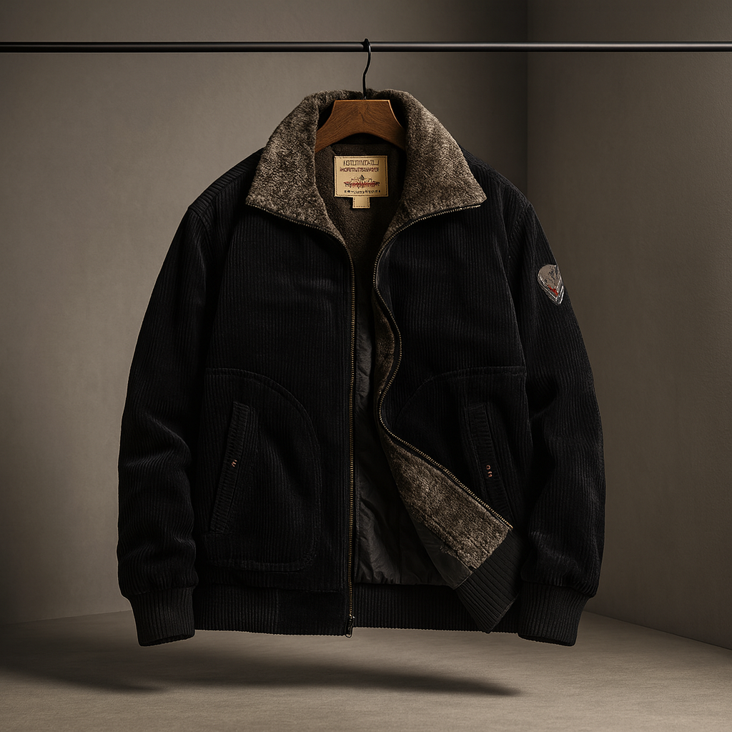 Men's Corduroy Aviator Jacket – Fur Collar Fleece-Lined Coat – Black