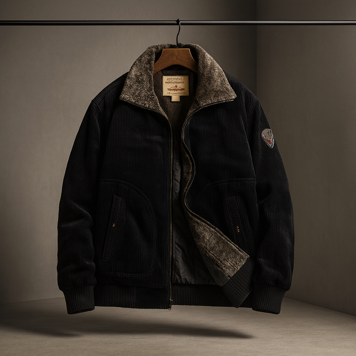 Men's Corduroy Aviator Jacket – Fur Collar Fleece-Lined Coat – Black