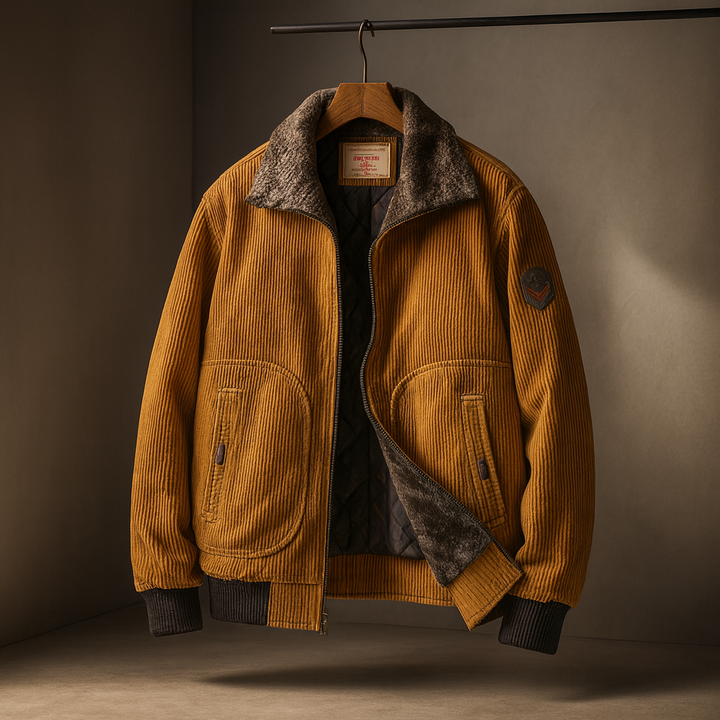 Men's Corduroy Aviator Jacket – Fur Collar Fleece-Lined Coat – Khaki