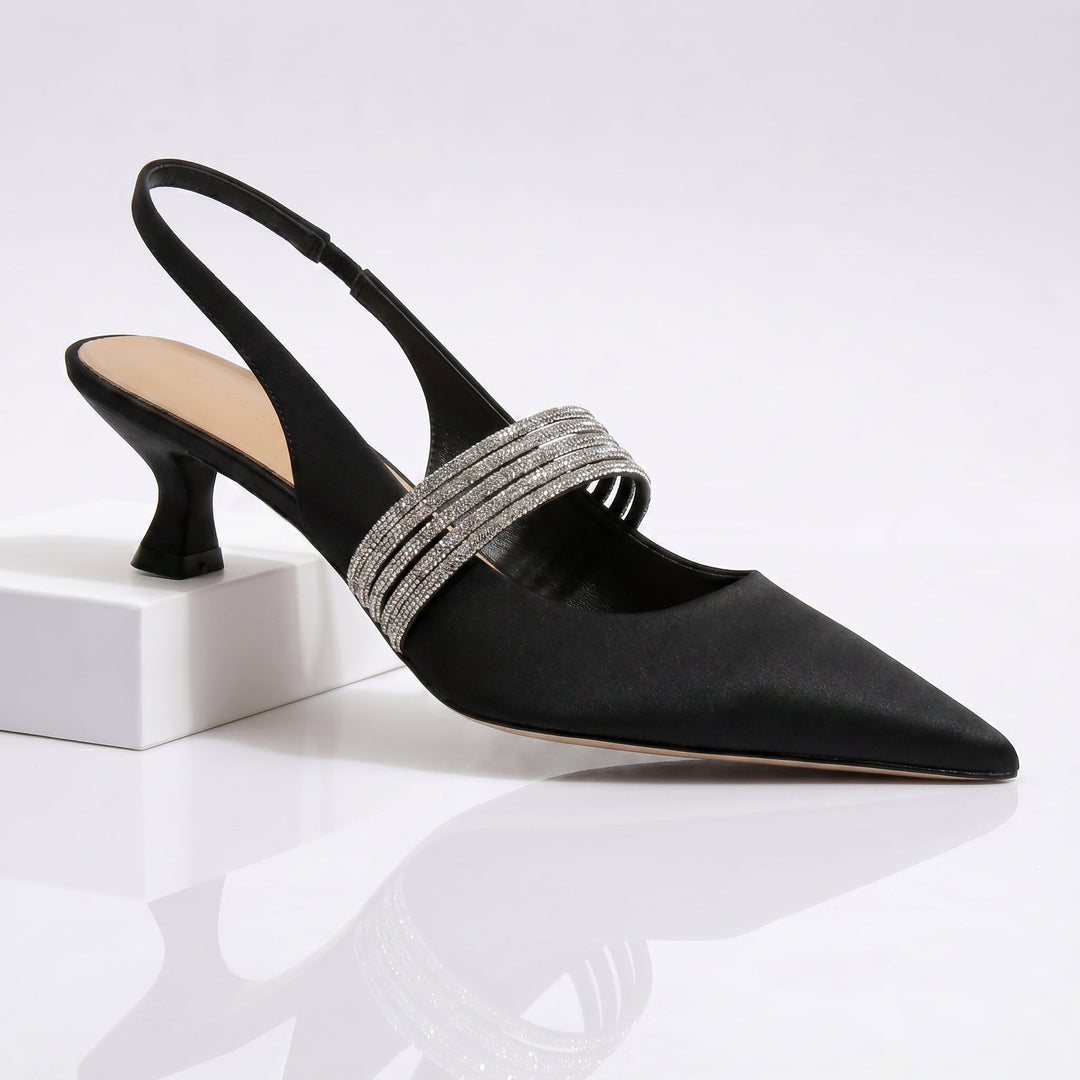 Women's Satin Rhinestone Kitten Heels - Elegant Day to Night