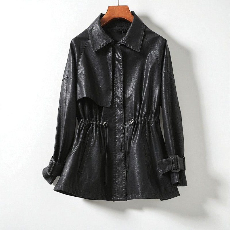 Women's Sheepskin Leather Jacket – Cinched Drawstring Trench Style