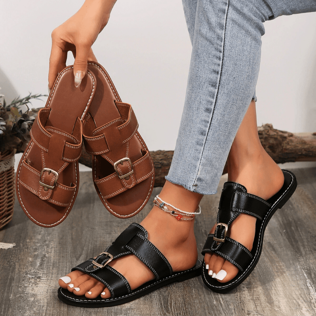 Women's Leather Buckle Sandals – Cushioned Summer Flats