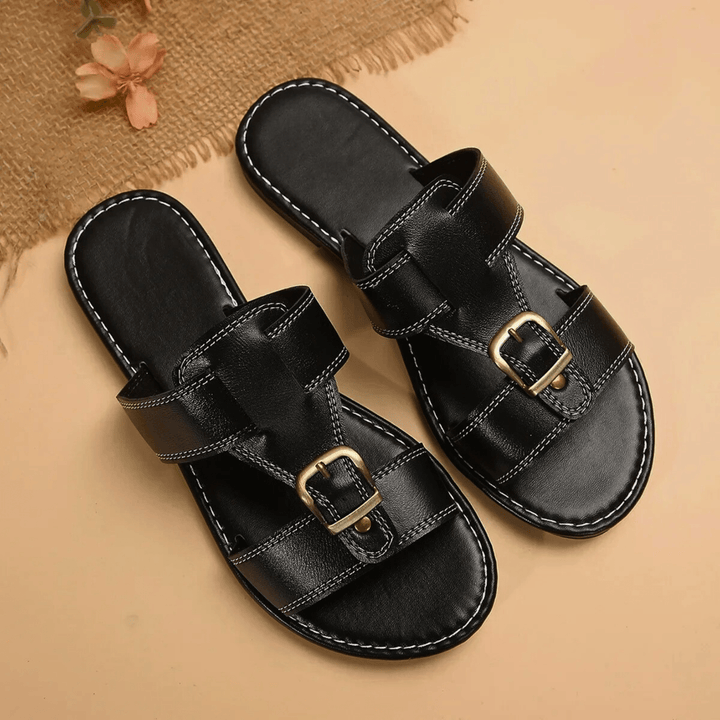 Women's Leather Buckle Sandals – Cushioned Summer Flats