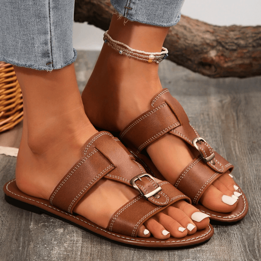 Women's Leather Buckle Sandals – Cushioned Summer Flats