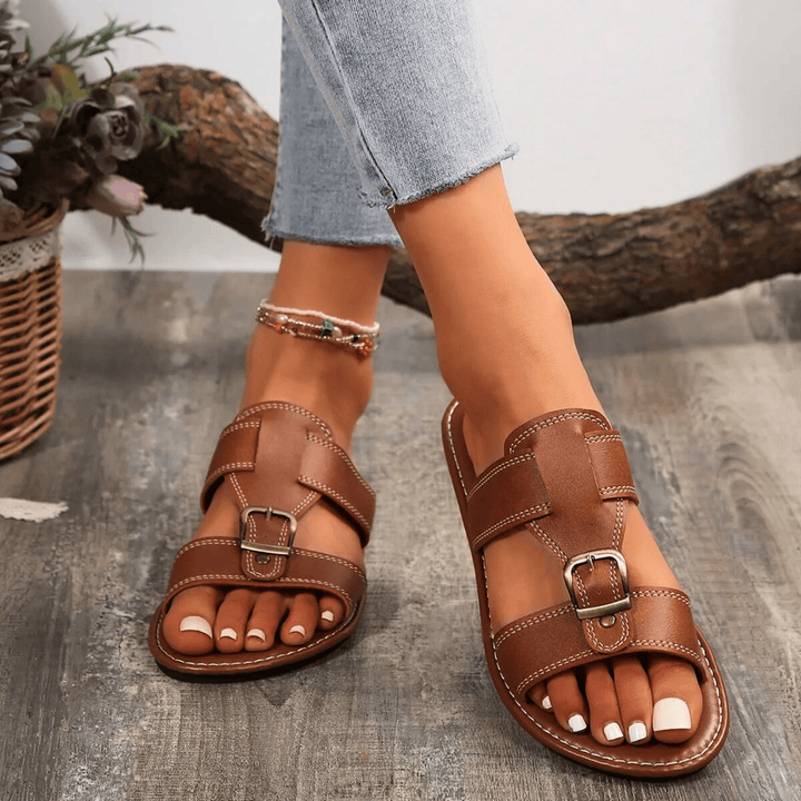 Women's Leather Buckle Sandals – Cushioned Summer Flats