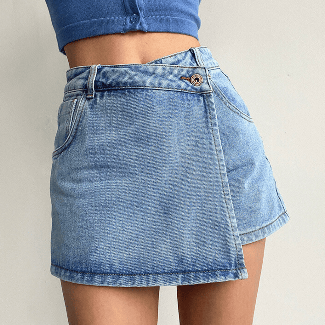 Women's Denim Skort – High-Waist A-Line with Button Detail