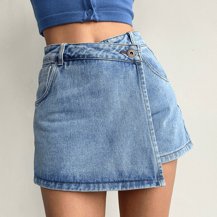 Women's Denim Skort – High-Waist A-Line with Button Detail
