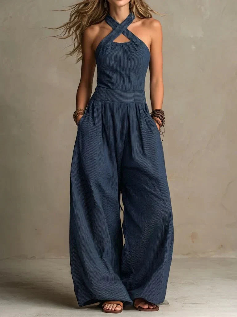 Women's Cotton-Linen Jumpsuit with Crossed Collar - Casual &
