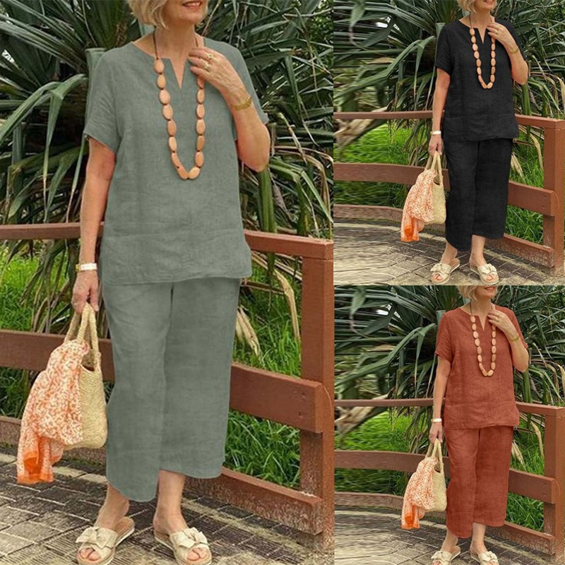 Women's Cotton-Linen V-Neck 2-Piece Set - Effortless Summer Style