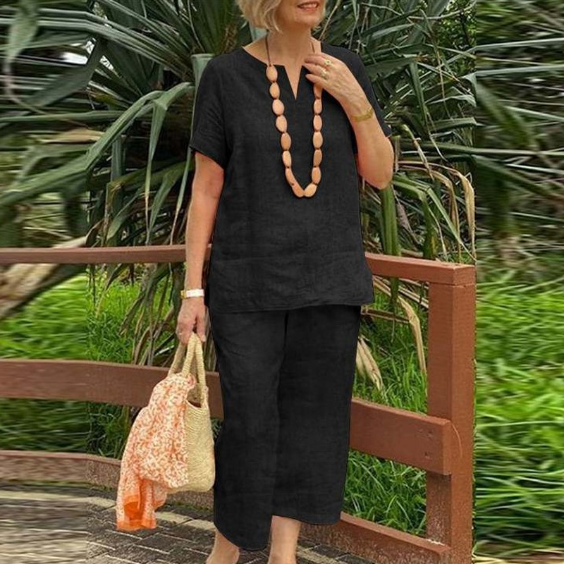 Women's Cotton-Linen V-Neck 2-Piece Set - Effortless Summer Style