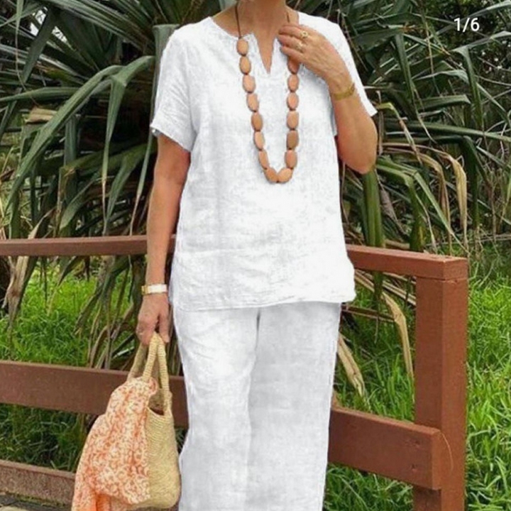 Women's Cotton-Linen V-Neck 2-Piece Set - Effortless Summer Style