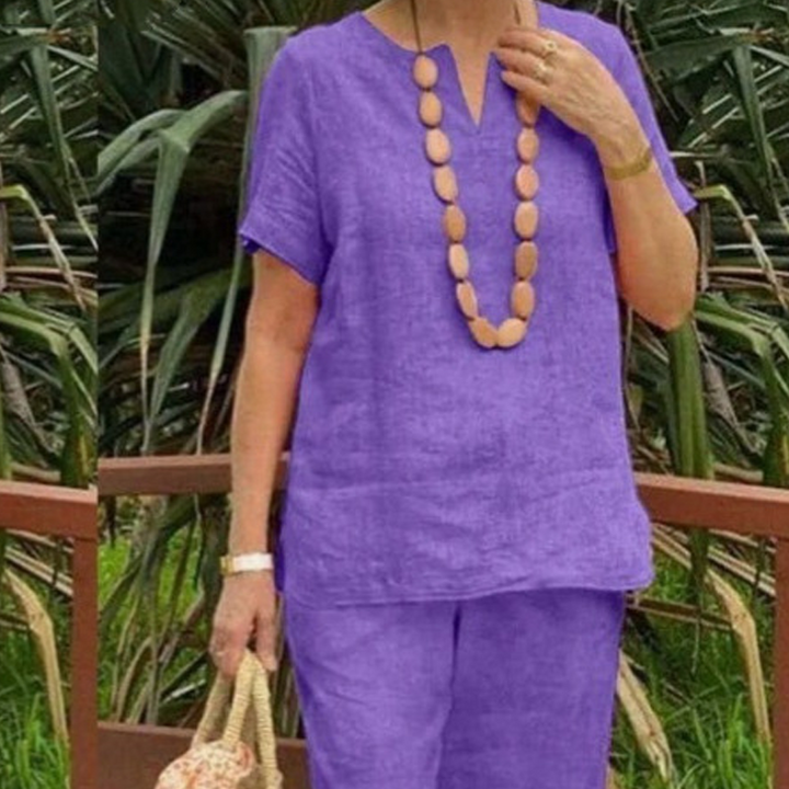 Women's Cotton-Linen Two-Piece Set - V-Neck Top & Pants