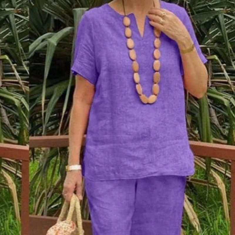 Women's Cotton-Linen V-Neck 2-Piece Set - Effortless Summer Style