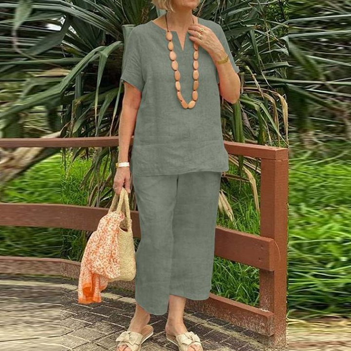 Women's Cotton-Linen V-Neck 2-Piece Set - Effortless Summer Style