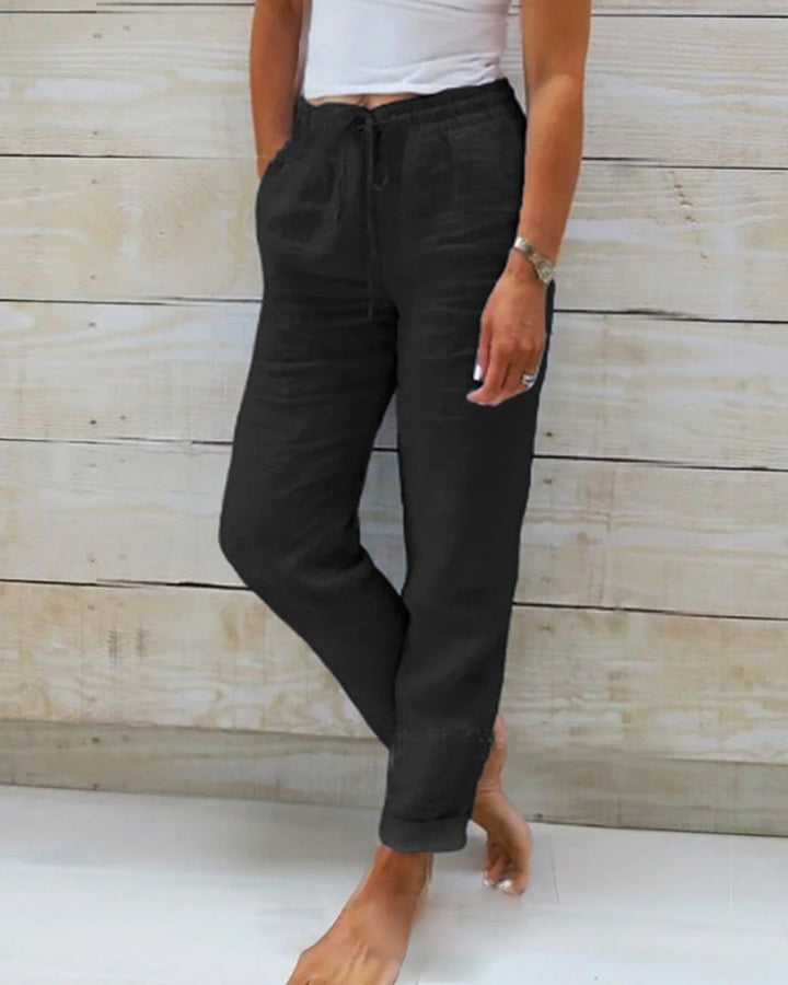 Women's Elastic Waist Cotton Linen Wide Leg Pants - Everyday Wear