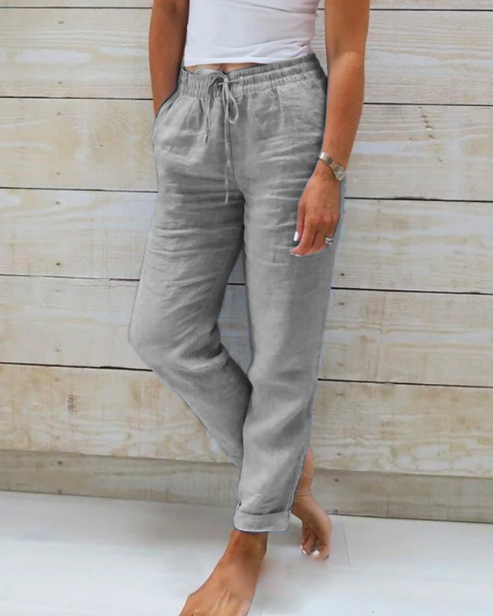 Women's Elastic Waist Cotton Linen Wide Leg Pants - Everyday Wear